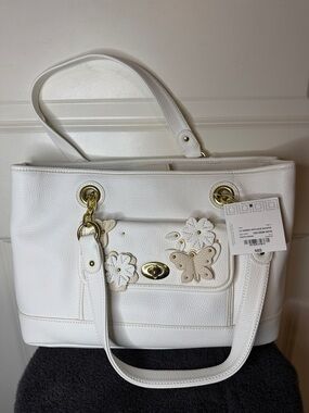 Liz Claiborne White Shoulder Tote with Floral & Butterfly Appliques